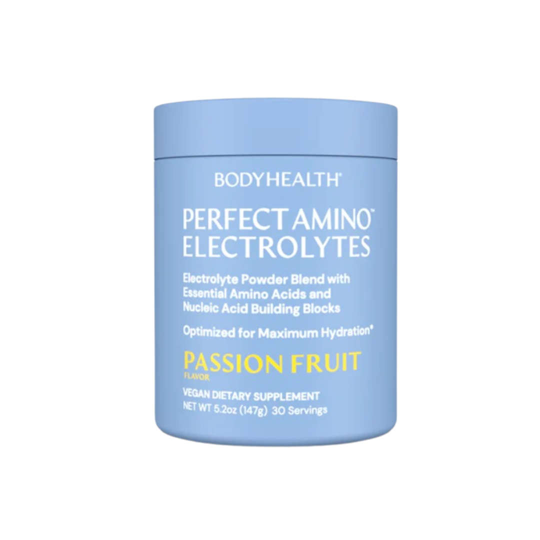 A container of BodyHealth PerfectAmino Electrolytes in Passion Fruit flavor, 30 servings, vegan dietary supplement.
