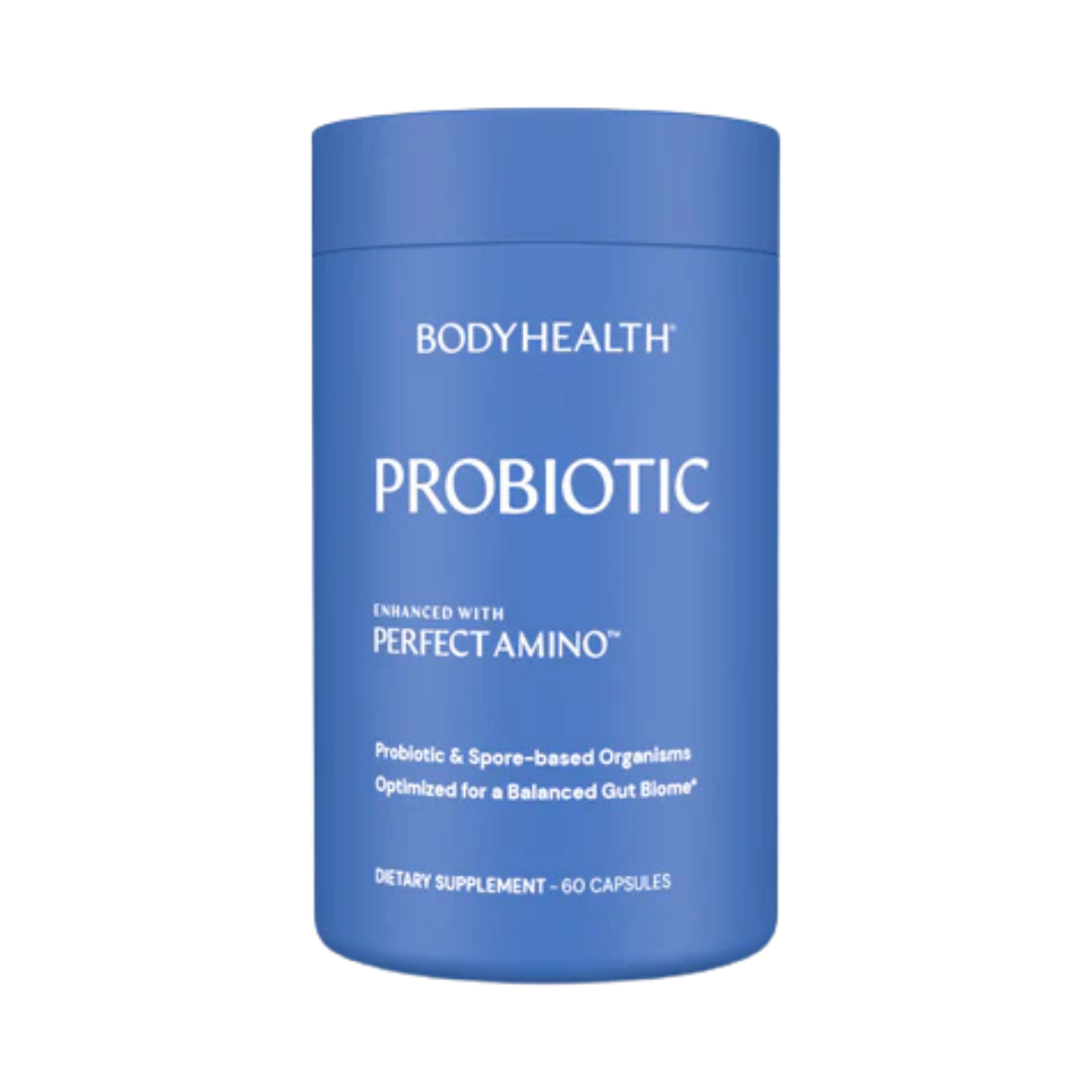 A blue container of BodyHealth Probiotic dietary supplement, enhanced with perfect amino, with 60 capsules inside.